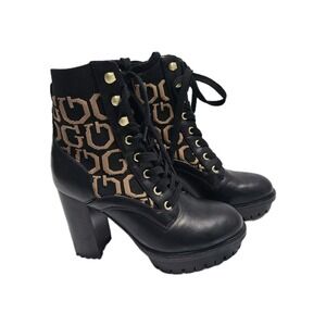GUESS Grows-R Platform Chunky Ankle Boots Women's 6M Knit Logo Black Gold‎ EUC